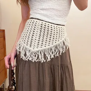 Bohemian Crochet Hollow Triangular Shawl Belt For Women Retro Tassel Waist Chain Headscarf Knitted Wool Yarn Accessory