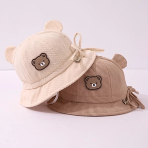 Baby Corduroy Bucket Hat With Bear Ears Cute Animal Patch Windproof Chin Strap Warm Fisherman Cap For Infants Toddlers