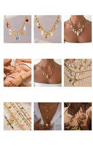 Collage aus Edelstahlschmuck mit Seemuscheln, Süßwasserperlen und Sternanhängern