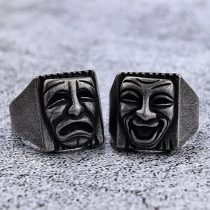 Retro vintage punk style theater comedy and tragedy masks rings in silver finish
