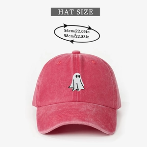 Pink washed cotton baseball cap with ghost embroidery and size guide from 56 to 58 cm