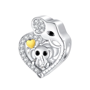 Silver elephant heart charm with cubic zirconia and gold accent for bracelets