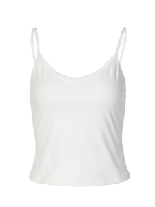 Close-up detail of white V-neck camisole with delicate lace trim and cotton blend texture