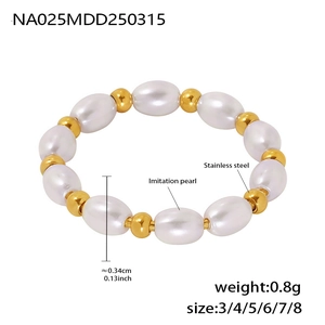 Detailed macro view of 18K gold-plated stainless steel beads and white pearls on ring