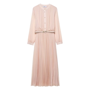 Chiffon Pleated Midi Dress Long Sleeve With Belt Solid Color Button Front Elegant Office Lady Streetwear Pink