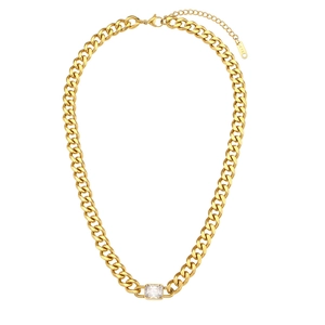 Retro 18K gold plated chunky Cuban chain necklace with a clear square zircon pendant
