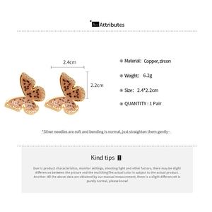 Detailed product specifications for vintage gold-plated butterfly earrings with zircons