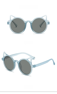 Detailed front and side views of cute blue cat-ear frames for toddler sunglasses