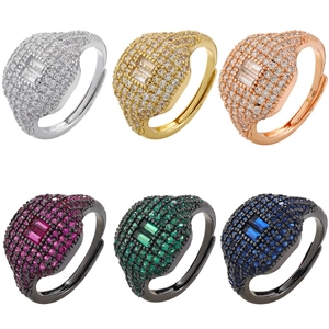 Detailed display of adjustable square rings with 18K gold plating and colorful crystals