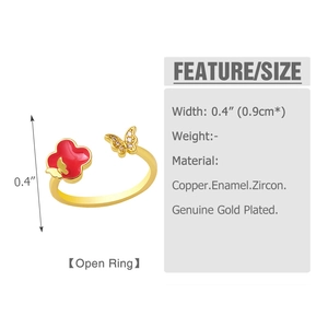 Detail eines 18K vergoldeten Rings mit rotem Kleeblatt aus Emaille und Zirkonia