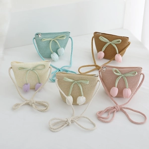 Girls woven straw sun hat with tulip pendants and ribbon bows in five pastel colors