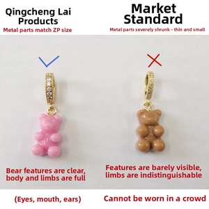 Detailed macro view of colorful teddy bear pendants with sparkling crystal stone gold rings