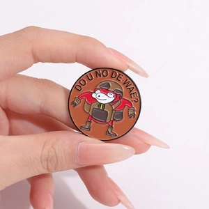 Cartoon meme enamel pin with DO U NO DE WAE text and tactical character design