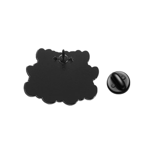 Detail view of black enamel cat brooch back with durable rubber butterfly clutch