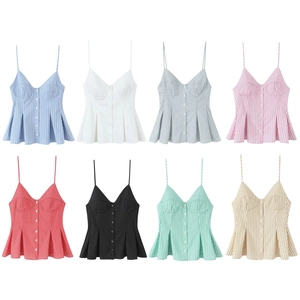 Débardeur Peplum Femme Mélange Polyester Boutonné Col V Bretelles Spaghetti Ourlet À Volants Rayures Verticales Casual