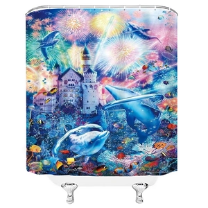 Underwater world shower curtain featuring dolphins and fantasy castle with metal hooks