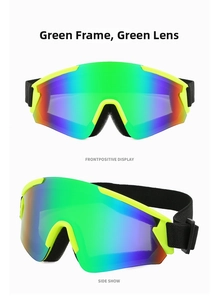 Green frame ski goggles with green lens showing front and side views on white background