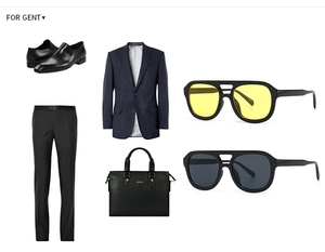 Flat lay of men's business set with pinstripe blazer, leather briefcase and sunglasses