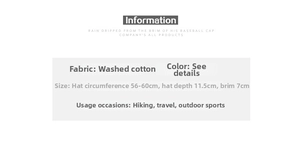 Size specifications for washed cotton baseball cap featuring 56-60cm adjustable circumference