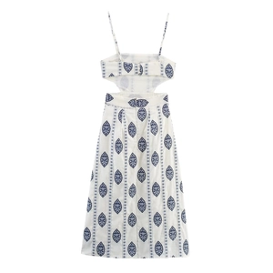 White and blue floral embroidery midi sun dress with cutout waist and open back design