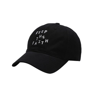 Black cotton baseball cap with white Keep The Faith embroidery on the curved brim