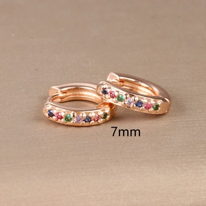 7mm rose gold hoop earrings with multi-colored pavé stones for women's daily wear
