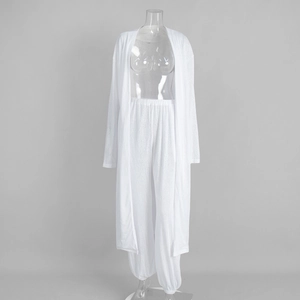 Detailed texture of white two-piece long cardigan and elastic cuff pants beach set