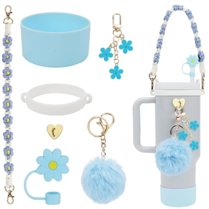 Detail view of light blue cup accessory set with floral strap and silicone boot