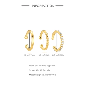 Detail of 925 sterling silver gold ear cuff set with zirconia and size specifications