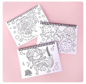 Detailed view of three spiral-bound coloring books with mermaid, animal, and dessert themes