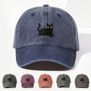 Washed Cotton Texture Baseball Cap Black Cat Embroidery Retro Distressed Sun Hat Casual Outdoor Novelty For Men Women