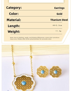 Detail of gold titanium steel jewelry set featuring hollow flowers and turquoise beads