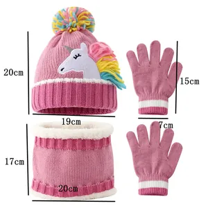 Detailed size chart for kids' pink unicorn knitted hat, scarf, and gloves set