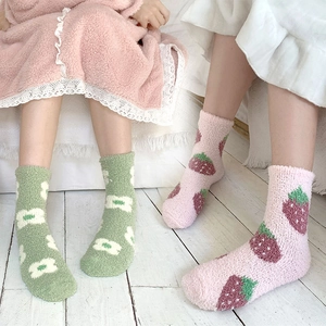Women Coral Fleece Socks Thick Warm Indoor Floor Winter Soft Cartoon Strawberry Cherry Floral Fruit Sleep Mid Calf