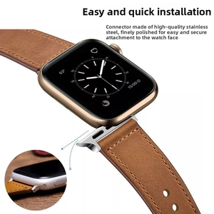 Detail of brown leather strap with stainless steel connectors for Apple Watch bands