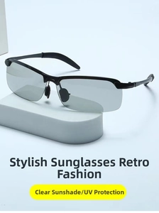 Detailed close-up of retro polarized sunglasses showing UV protection and metal bridge details