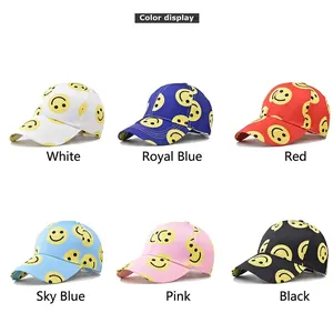 Six colors of cotton baseball caps featuring all-over yellow smiley face patterns
