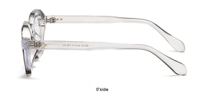 Side profile of transparent grey polygonal sunglasses frame with model E2133 and CE mark