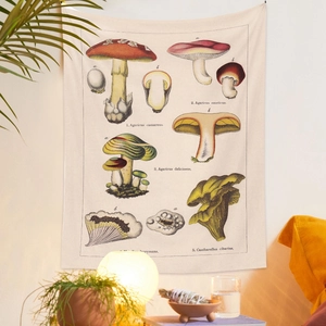 Cozy room wall hanging featuring vintage botanical mushroom illustrations on fabric tapestry