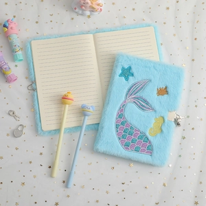 A5 blue plush notebook with sequined mermaid tail, lock, and key set for girls