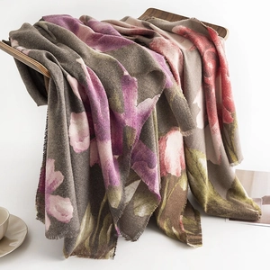 Winter pashmina scarf with colorful floral paisley print and fringed edges for women