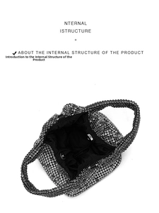 Close-up of black rhinestone bucket bag with magnetic closure and fabric lining