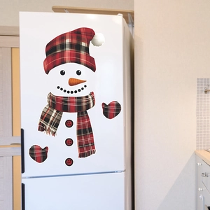 Christmas snowman fridge sticker set with red plaid hat and scarf on white refrigerator