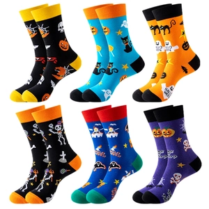 Set of six colorful Halloween mid-calf socks with skulls, pumpkins and ghost patterns