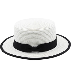 Boater Hat For Women Flat Top Straw Sun Hat With Bow Ribbon Wide Brim Summer Beach Vacation Elegant Breathable Sunshade