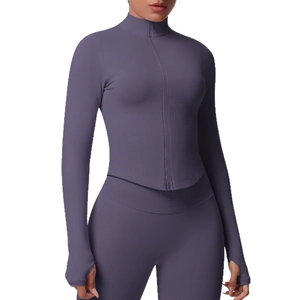 Slim fit yoga set with zip-up stand collar top and leggings in ribbed knit fabric