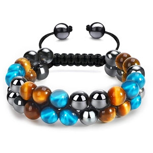 Tiger Eye Obsidian Lava Stone Woven Bracelet Adjustable Double Layer Healing Energy Natural Stone Jewelry Unisex