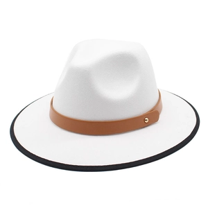White wool felt fedora with brown leather band and gold stud accent for men and women