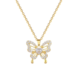 Luxurious gold hollow butterfly necklace with sparkling zircon wings and heart crystal