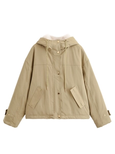 Close-up of khaki hooded jacket featuring white faux fur collar and metal snap buttons